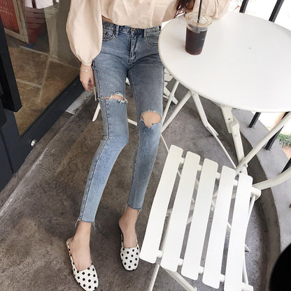 SHIJIA High Waist Elastic Skinny Jeans Woman Hole Ripped Denim Pencil Jeans Female Light Blue Vintage Bottoms Femme Chic 2023