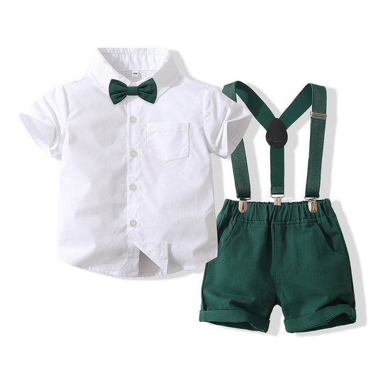 Summer Baby Boys Party Dress Suit Cotton Short Sleeve With Shirt + Belt Shorts 2PCS Outfits Kids Boys Gentleman Clothes Sets