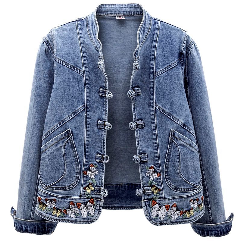 Short Denim Jacket Vintage Chinoiserie Embroidered Stretch Jacket Women&#39;s Spring and Autumn All Match Fashion Harajuku Slim Tops