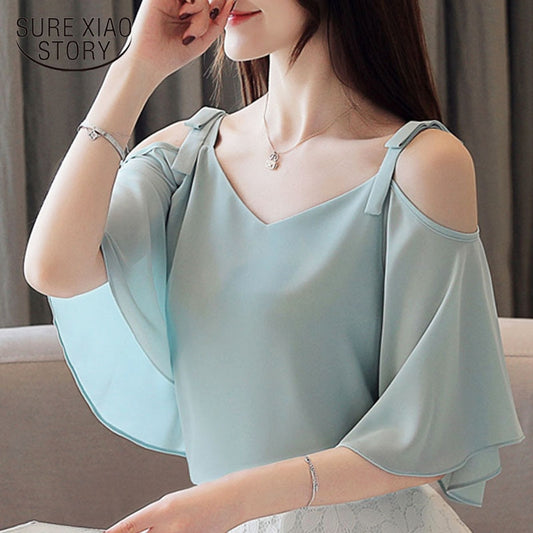 Blusas Mujer De Moda 2023 Ladies Tops Blouse For Women Off Shoulder Top Blouse Women White Chiffon Blouse Shirts Short 4386 50