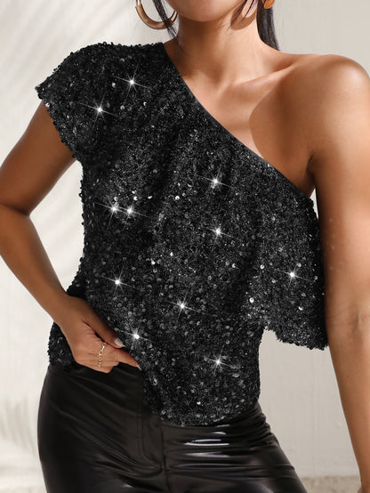 2023 Party Asymmetrical Sequin Top Slim Fit Short Sexy Elegant Women Sparkly Glitter Wear Club Night One Shoulder Sleeveless