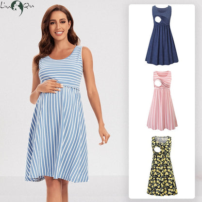 Nursing Dress Striped Baby Shower Breastfeeding Pregnancy Dress Elegant Sleeveless Premama Pregnant Dresses Vestido Robe Femme