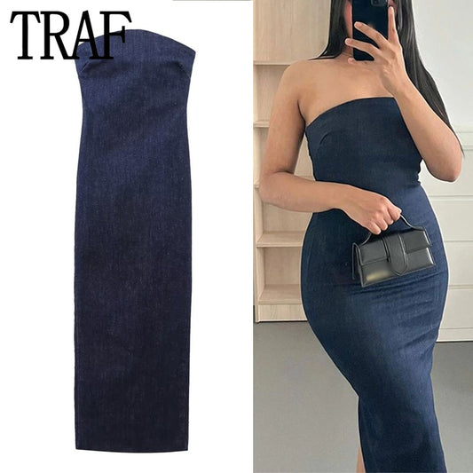 TRAF Off Shoulder Denim Dress Woman Blue Corset Long Dress Women Midi Bodycon Dresses For Women 2023 Elegant Party Dresses