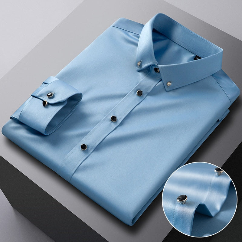 Men&#39;s Silk Shirts Long Sleeve Drill Button Solid Color 3XL Silky Business Formal Social No Iron and Wrinkle Soft Fashion Clothes