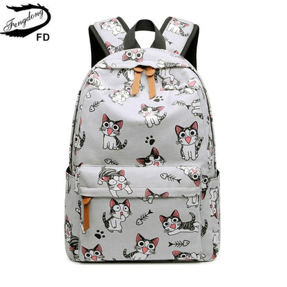 Fengdong school bags for teenage girls schoolbag children backpacks cute animal print canvas school backpack kids cat bag pack