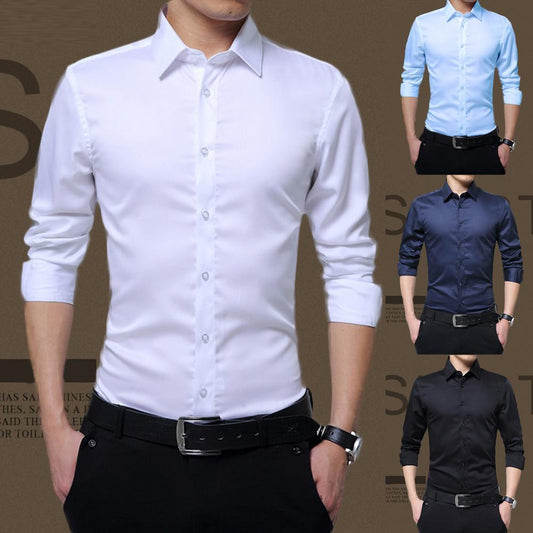 Wash-and-wear Smooth Solid Color Formal Business Shirt for Interview