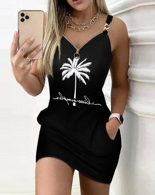 Women&#39;s Dresses 2023 Summer Fashion Coconut Tree Print Chain Decor Casual V-Neck Sleeveless Daily Vacation Mini Straight Dress