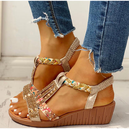 Women Sandals Summer Bohemia Platform Wedges Shoes Crystal Gladiator Rome Woman Beach Shoes Casual Elastic Band Female Sandles