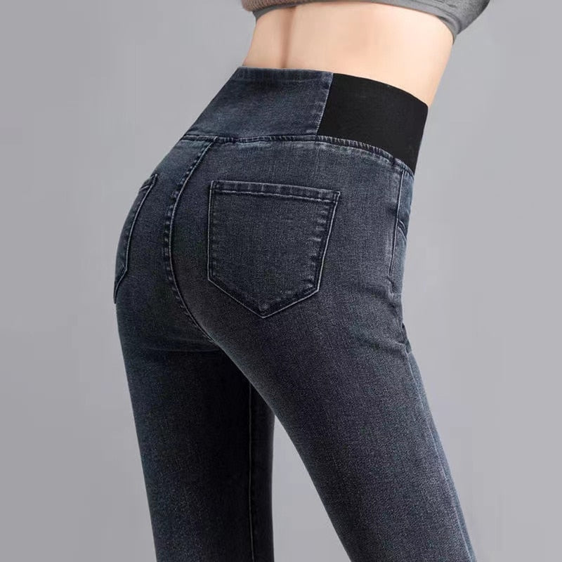 Oversize 38 Elastic High Waist Skinny Jeans Women Spring Slim Stretch Denim Pants Vintage Pencil Vaqueros Mom Pantalones Mujer