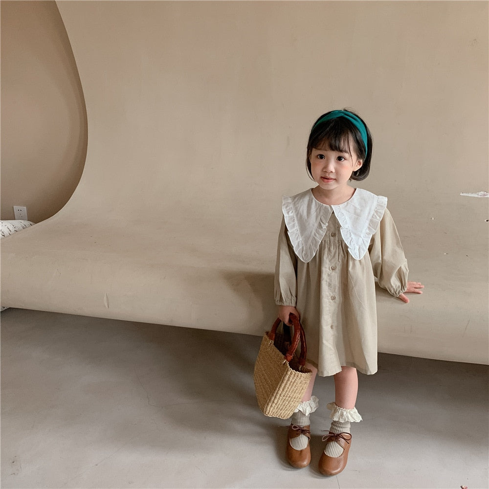 Baby Girls Dress Casual Plaid Clothes Summer 2022 New Korean Cotton Linen Girls Princess Dress Big Turn Down Collar Dress