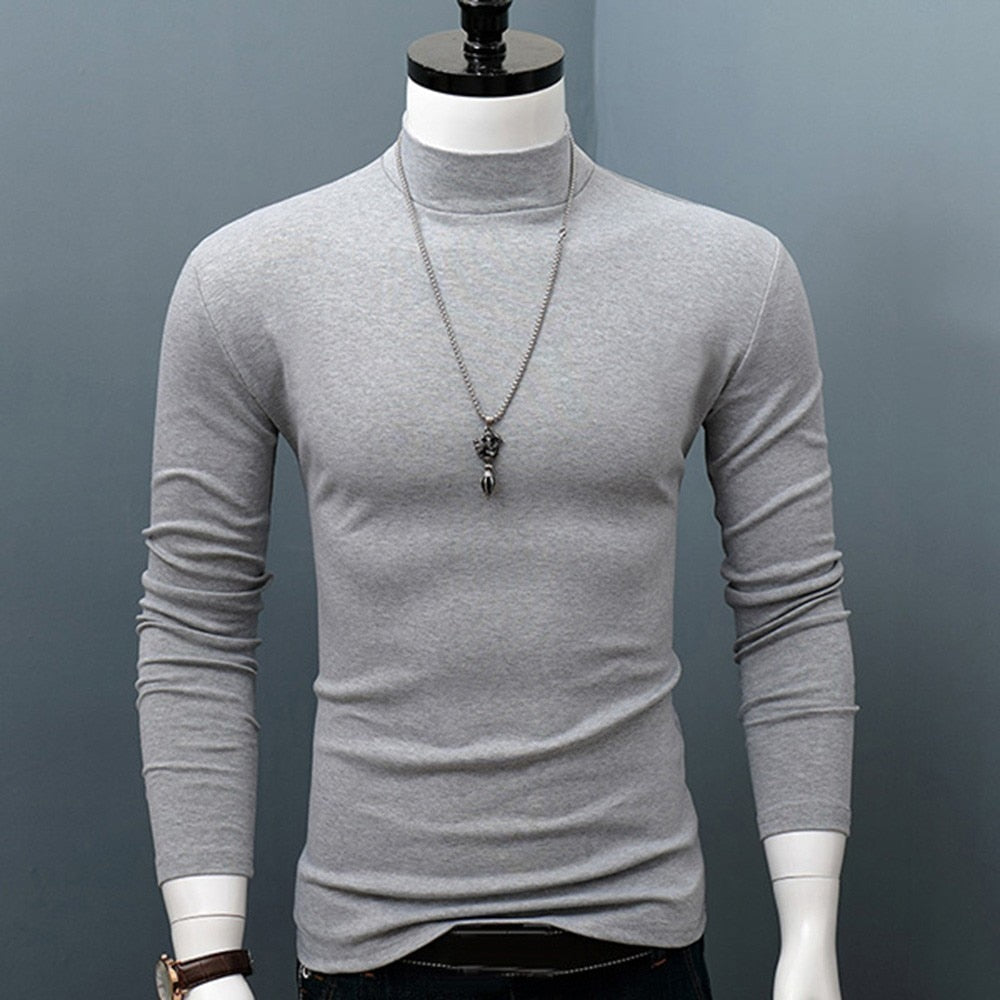 Hot Winter Warm Men Mock Neck Basic Plain T-shirt Blouse Pullover Long Sleeve Top Male Outwear Slim Fit Stretch Fashion Sweater