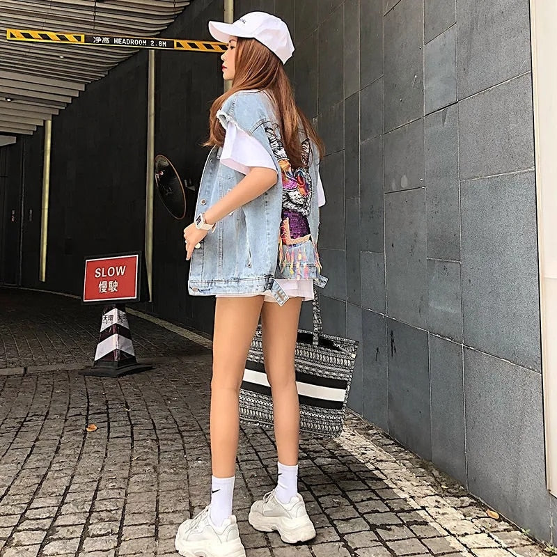 Denim Vest Jacket Back Cat Spring Summer 2023 Korean Style Women Cardigan Loose Hole Ribbon Waistcoat Fashion Jeans Gilet Coat