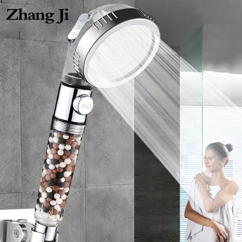 ZhangJi Bathroom 3-Function SPA Shower Head with Switch Stop Button high Pressure Anion Filter Bath Head Water Saving Shower