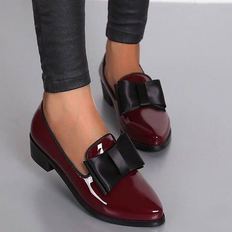 BKQU Spring Autumn Women Shoes Bowtie Loafers Patent Leather Women&#39;s Low Heels Slip On Footwear Female Pointed Toe Thick Heel
