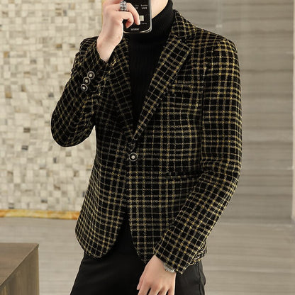 Men&#39;s Blazer Autumn Winter New Crystal Velvet Thickened Suit Jacket Men&#39;s Young Handsome Plaid Coat Business Casual Men Clothing
