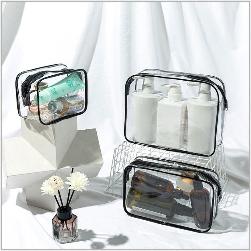 PVC Cosmetic Bag Lady Transparent Clear Zipper Black Makeup Bags Organizer Travel Bath Wash Make Up Case Toiletry Bags for Girls