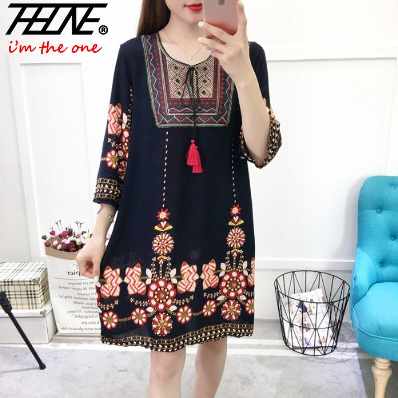 Women's Clothing Women Indian Dress Ready Stock Summer Vintage Causal Korean Style Beach Embroidery Tassel Floral Print Vestidos