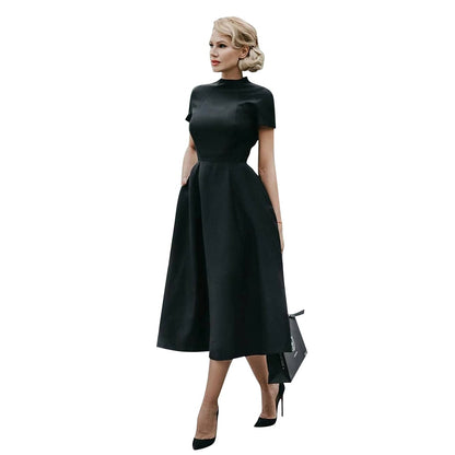 2022 Women Elegant Black Dress Half High Collar High Waist A-Line Dresses Slim Fit Midi Dress Office Lady Female Solid Vestidos