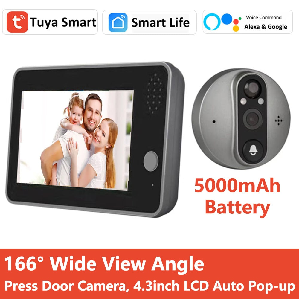 Tuya Smart 1080P WiFi Door Bell Peephole Camera Viewer Home Security Two-way Audio Night Vision 4.3&#39; FHD Video Doorbell Camera