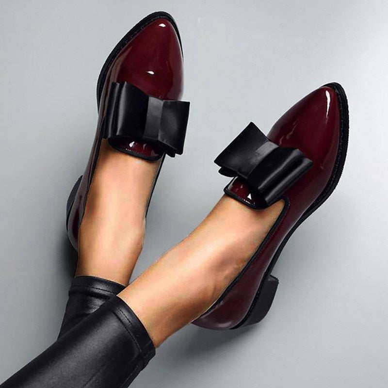 BKQU Spring Autumn Women Shoes Bowtie Loafers Patent Leather Women&#39;s Low Heels Slip On Footwear Female Pointed Toe Thick Heel