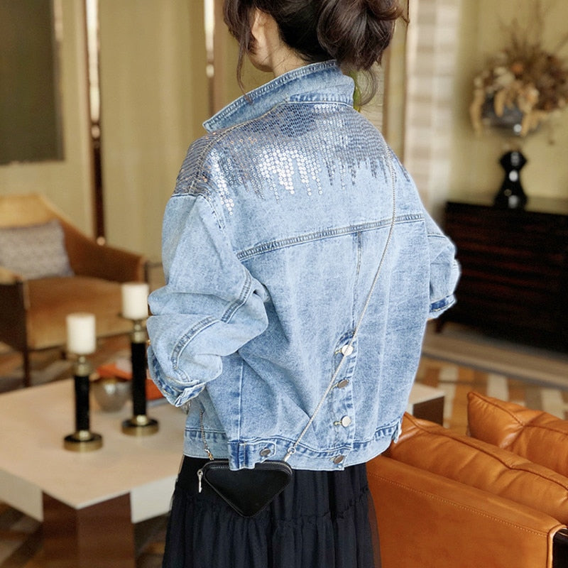 Blue Short Sequin Pocket Denim Jacket Women's Casual Denim Spring Autumn New Loose Fashion Jeans Jacket Women Long Sleeve Coat