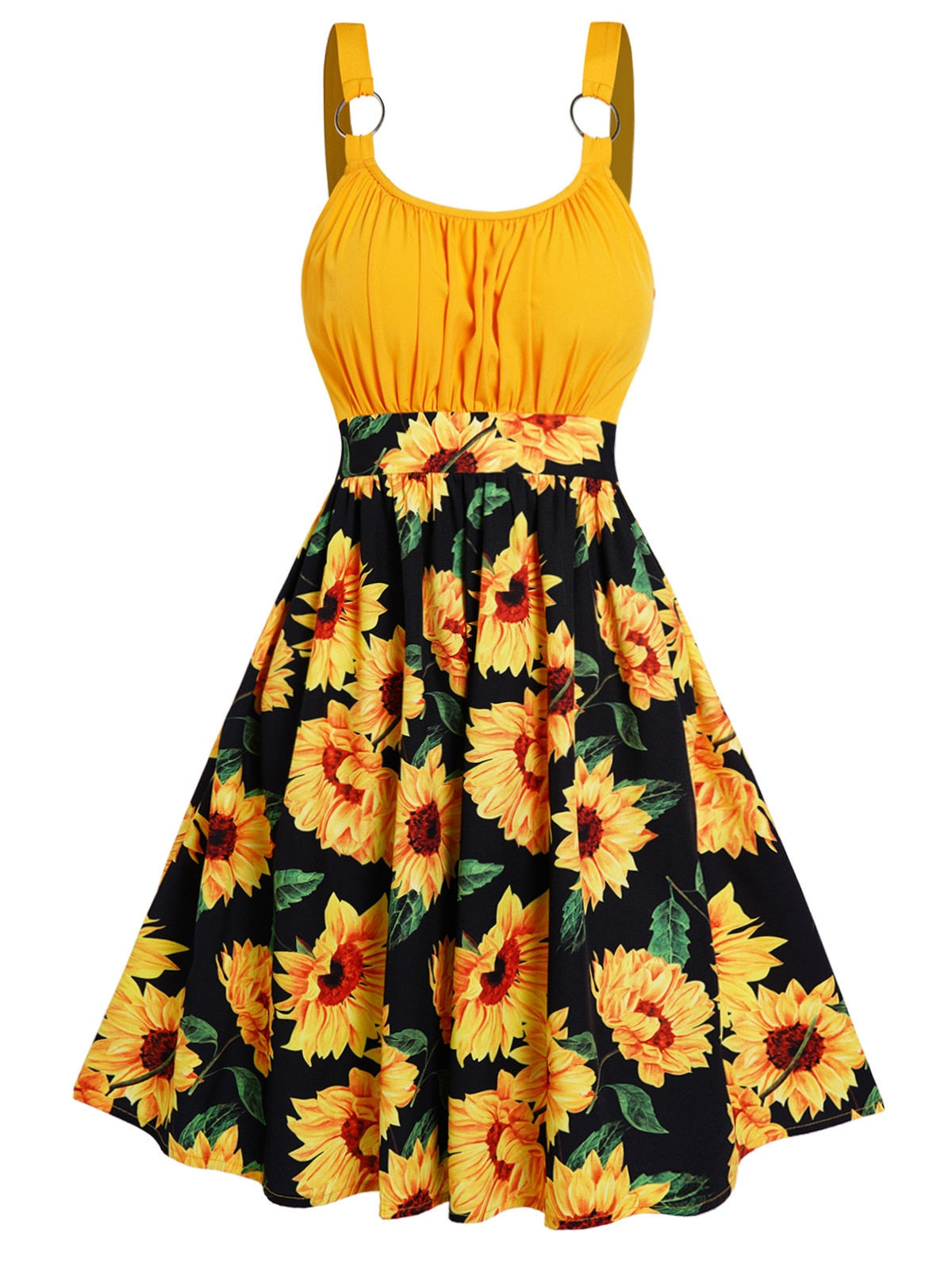 Sunflower Print Colorblock Sundress Ruched O Ring High Waist Vacation Dress For Female Summer Beach Robe