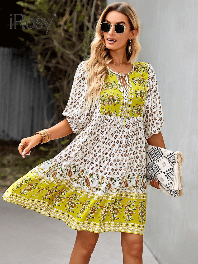 Elegant and Chic Fixed Pattern Design Short Lanten Sleeve Bohemian Dress for Women Summer Vacation Home Viscose Dresses Clothing