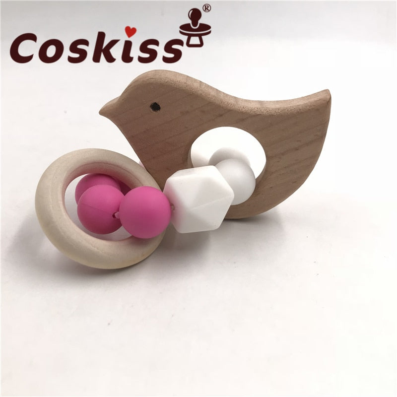 Wooden Baby Bracelet Animal Shaped Jewelry Teething For Baby Organic Wood Silicone Beads Baby Rattle Stroller Accessories Toys