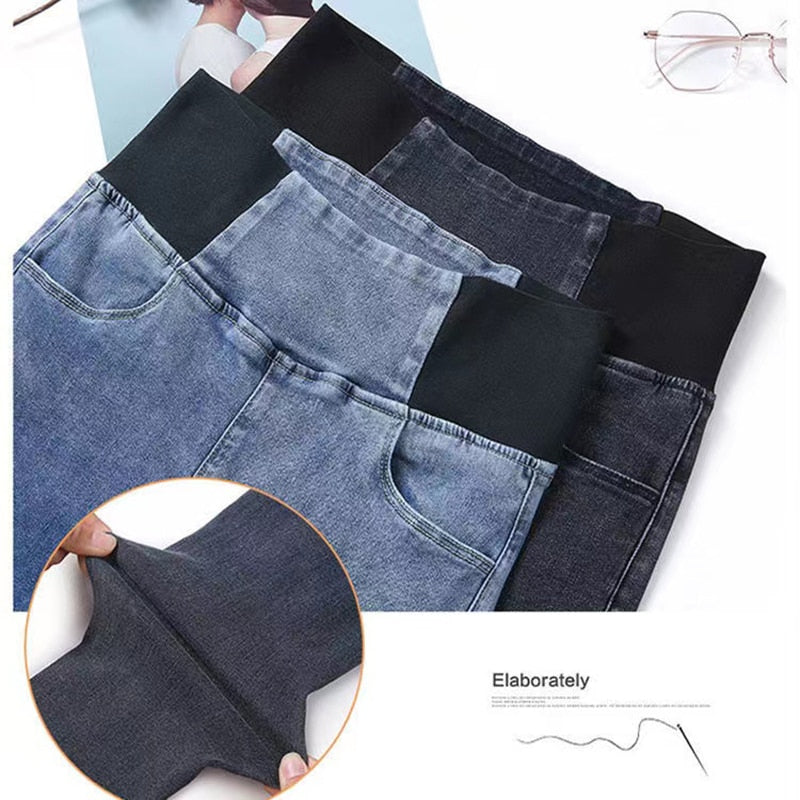 Oversize 38 Elastic High Waist Skinny Jeans Women Spring Slim Stretch Denim Pants Vintage Pencil Vaqueros Mom Pantalones Mujer