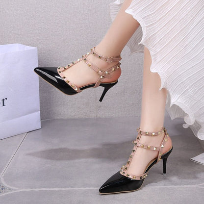 2023 Summer Women Fetish 8cm High Heels Rivets Studded Sandals Lady Sandles Stiletto Green Heels Gladiator Pumps Stripper Shoes