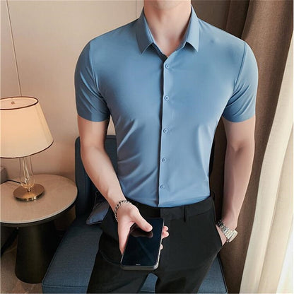6colors High Quality New Solid High Elasticity Seamless Short Sleeve Shirts Men Slim Social Casual Business Formal Dress Shirt