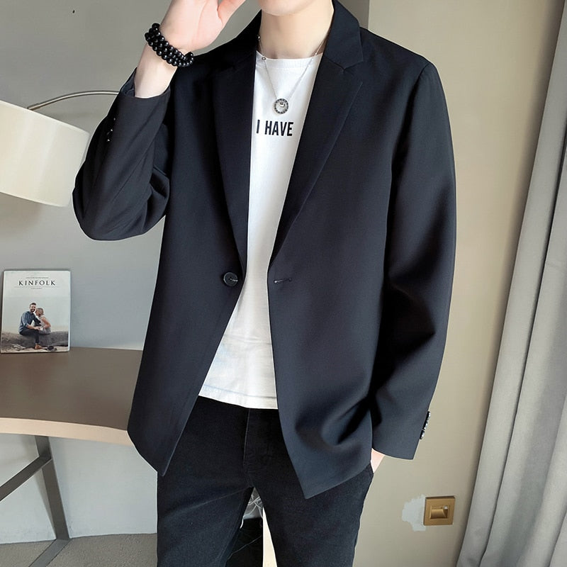 Men Suit Jackets Blazer Coat Slim Fit Smart Casual Spring Thin Fashion Clothing Asian Single Breasted Korean Black New Arrival