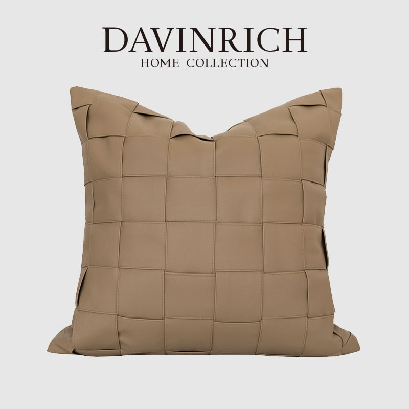 DAVINRICH Coffee Faux Leather Hand Woven Decorative Cushion Covers Modern Luxury Home Décor Lumbar Pillow Case For Couch Sofa
