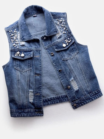 JMPRS Denim Women Vest Luxury Pearls Fashion Ripped Autumn Jeans Jacket Sleeveless Loose Short Coat Causal Waistcoats 5XL