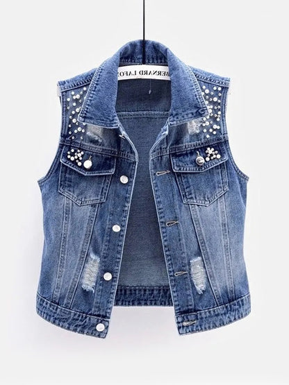 JMPRS Denim Women Vest Luxury Pearls Fashion Ripped Autumn Jeans Jacket Sleeveless Loose Short Coat Causal Waistcoats 5XL