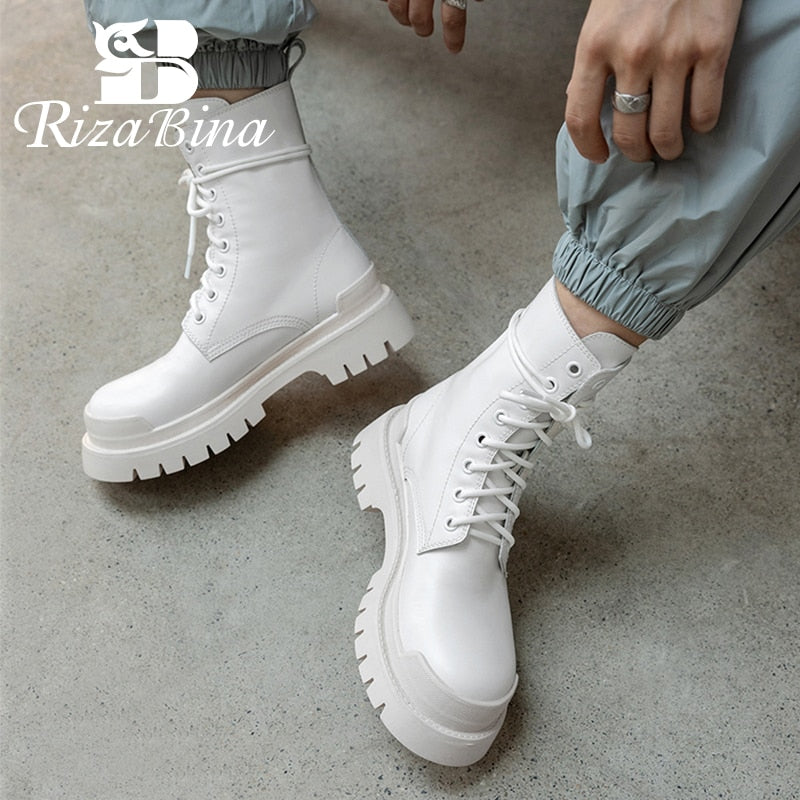RIZABINA 2023 New Ankle Boots For Women Fashion Real Leather Heels Shoes Woman Winter Warm Boots Office Lady Footwear Size 34-39