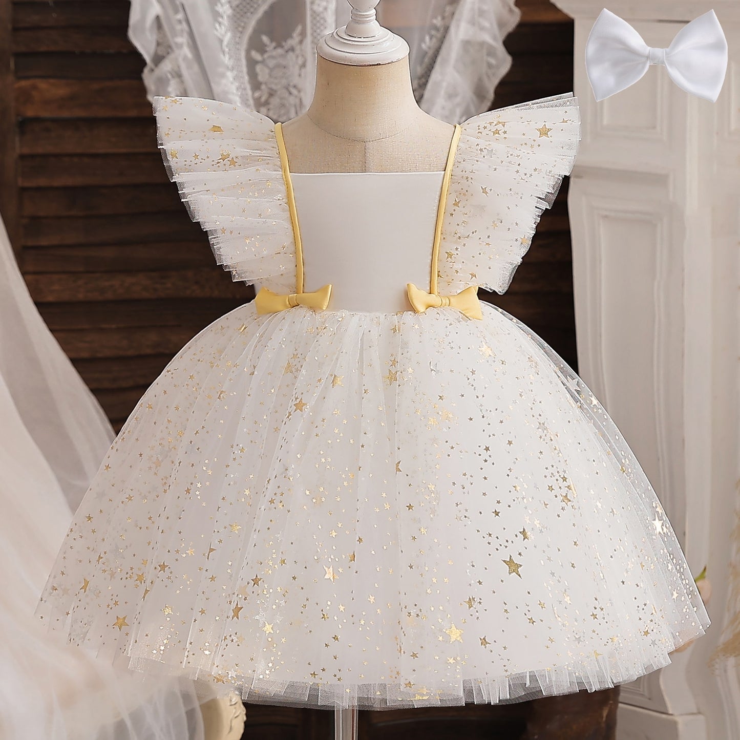 12M Baby White Baptism Dress Girl Ruffle Sleeve Birthday Princess Tutu Gown Flower Girl Wedding Party Dress 1st Communion Cloth