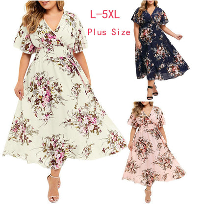 Fashion Plus Size 3XL 4XL 5XL Women Dress Floral Chiffon Flower Dress Bohemian Beach Summer Dresses Urban Gypsy Ropa Vestidos