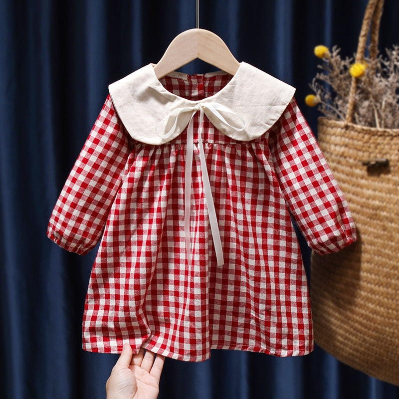 Baby Girls Dress Casual Plaid Clothes Summer 2022 New Korean Cotton Linen Girls Princess Dress Big Turn Down Collar Dress