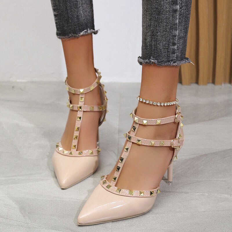 2023 Summer Women Fetish 8cm High Heels Rivets Studded Sandals Lady Sandles Stiletto Green Heels Gladiator Pumps Stripper Shoes