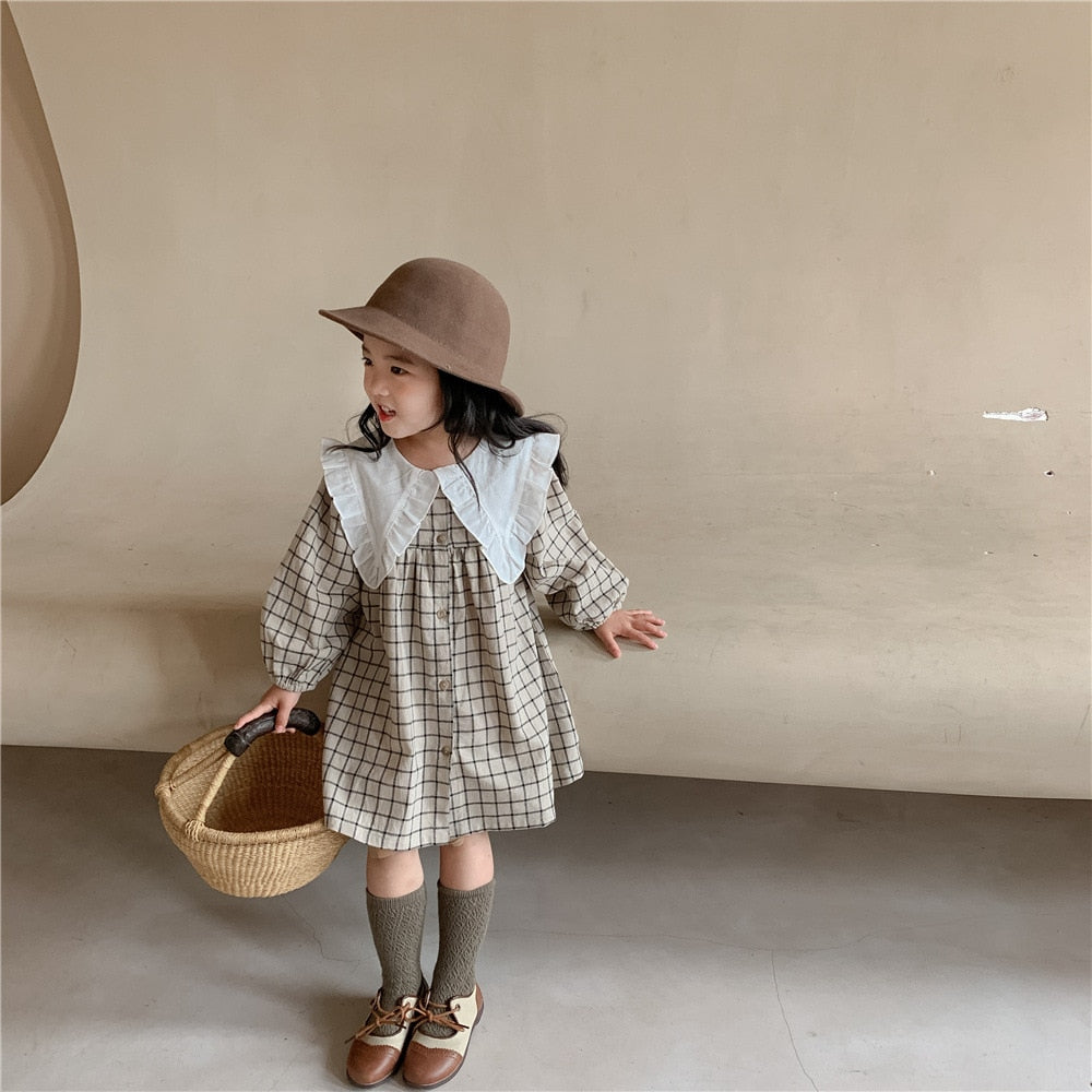 Baby Girls Dress Casual Plaid Clothes Summer 2022 New Korean Cotton Linen Girls Princess Dress Big Turn Down Collar Dress