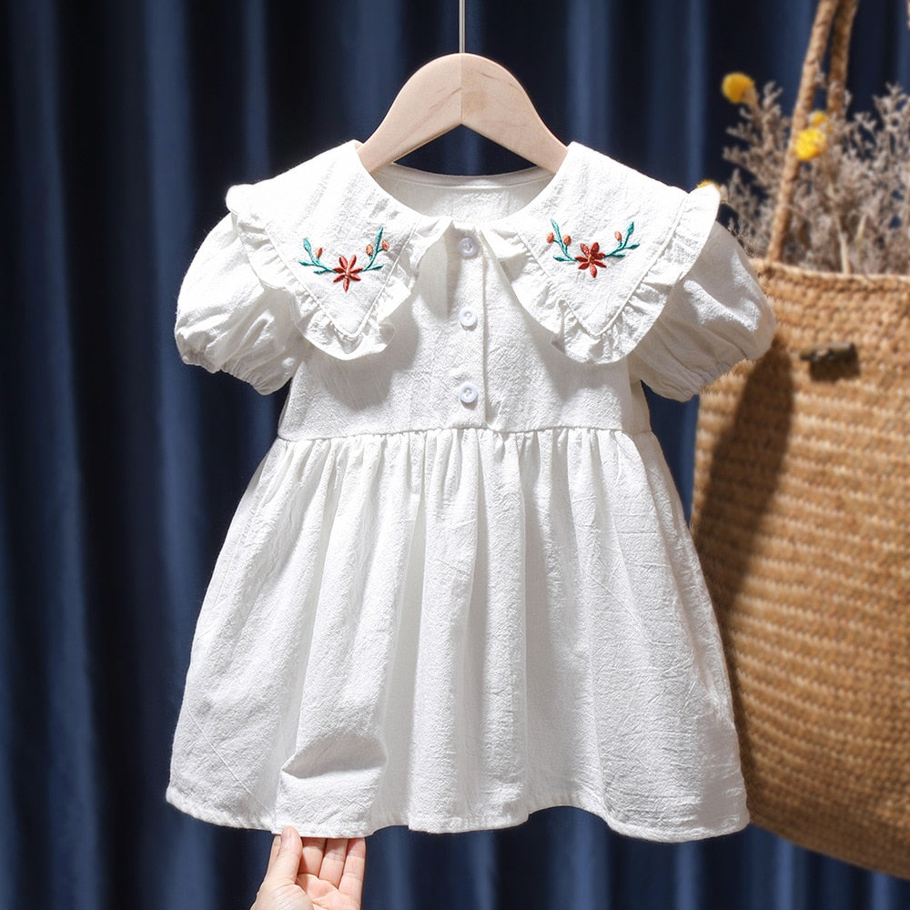 Baby Girls Dress Casual Plaid Clothes Summer 2022 New Korean Cotton Linen Girls Princess Dress Big Turn Down Collar Dress