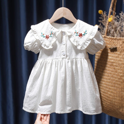 Baby Girls Dress Casual Plaid Clothes Summer 2022 New Korean Cotton Linen Girls Princess Dress Big Turn Down Collar Dress