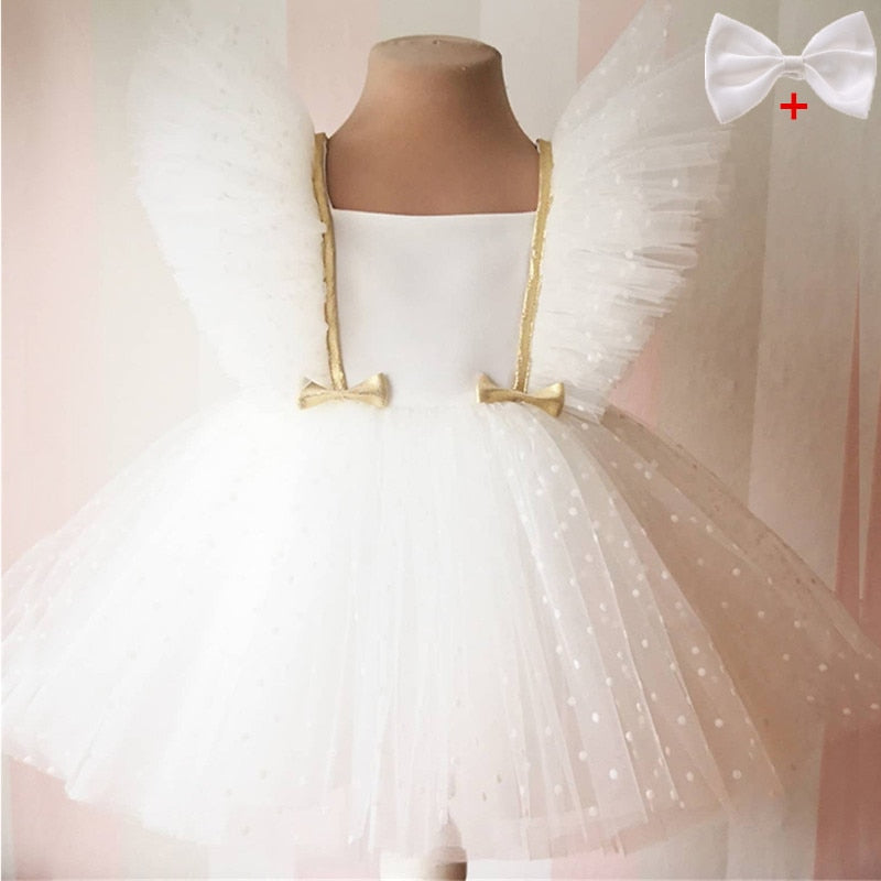 12M Baby White Baptism Dress Girl Ruffle Sleeve Birthday Princess Tutu Gown Flower Girl Wedding Party Dress 1st Communion Cloth