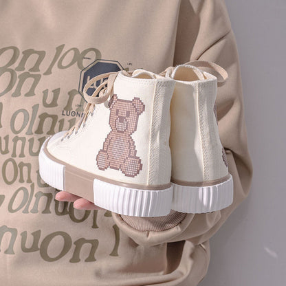 Bear Canvas Sneakers 2022 Fashion Print Woman Flats Autumn Students Daily Wear Casual Korea Style Cartoon Ladies Footwear