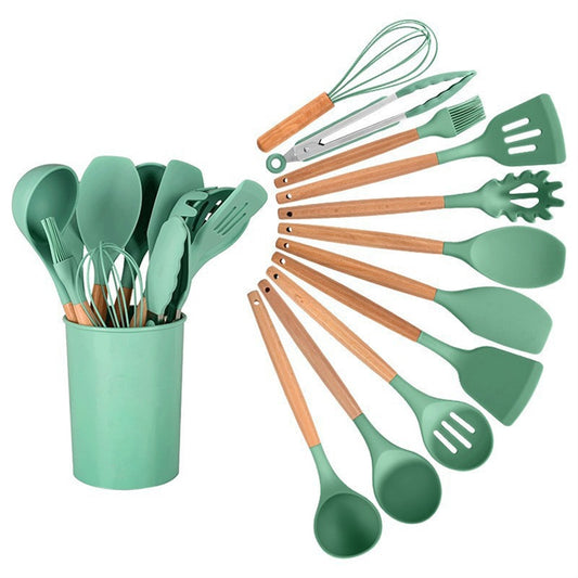 11/12PCS Silicone Kitchenware Non-Stick Cookware Kitchen Utensils Set Spatula Shovel Egg Beaters Wooden Handle Cooking Tool Set