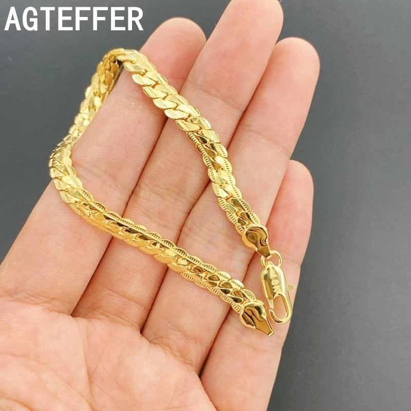 8 Inch 18K Gold Bracelet 5MM Sideways Chain Bracelet For Woman Men Fashion Wedding Engagement 925 Sterling Silver Jewelry Gifts