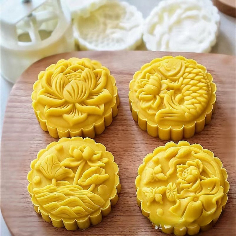 Mid-autumn Moon Cake Press Mold, Hand-pressed Cookie Dessert DIY with Stamp Flower,DIY Hand Press Cookie Cutter Mooncake Maker