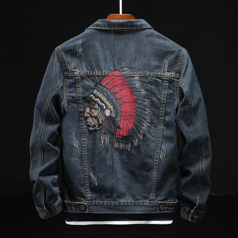 Prowow 2021 Fashion Streetwear Men Jacket Retro Blue Indian Chief Embroidery Denim Jackets Men Size M-6XL Hip Hop Punk Coats