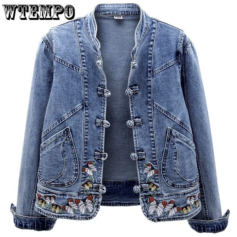 Short Denim Jacket Vintage Chinoiserie Embroidered Stretch Jacket Women&#39;s Spring and Autumn All Match Fashion Harajuku Slim Tops